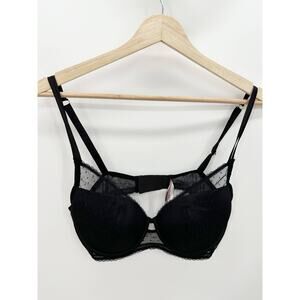 Victoria's Secret Womens Lined Plunge Bra Size 36D Black Sheer Lace Sexy Comfort